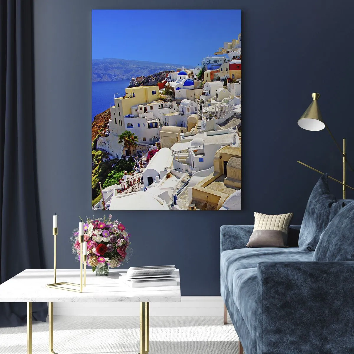 Impression sur verre - Image sur verre - Panorama de Santorin avec des maisons blanches et un ciel bleu - 70x100cm - Le rêve d'un été grec - Décoration murale moderne pour le salon et la chambre ARTTOR