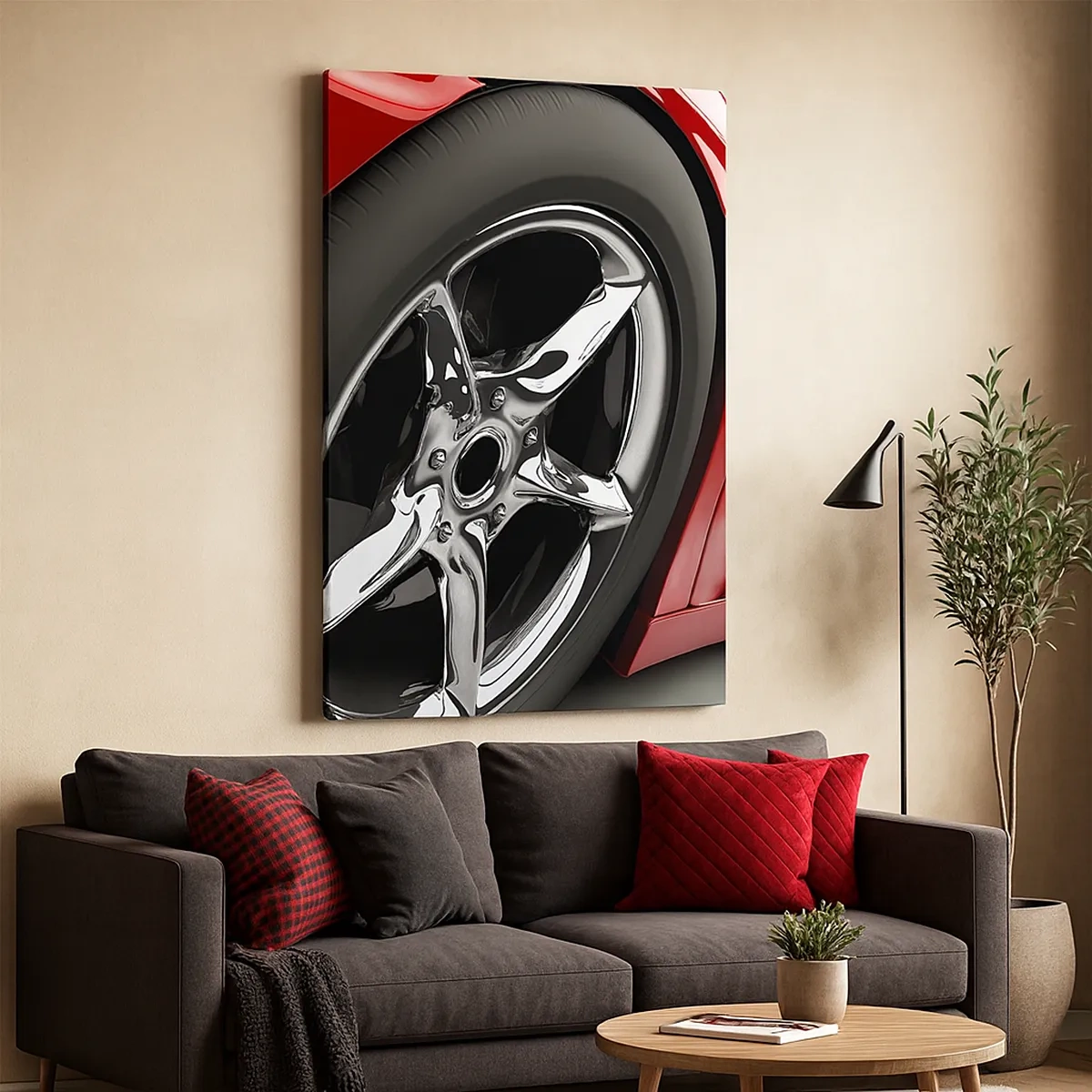 Impression sur toile - Image sur toile - Voiture de sport rouge avec jantes chromées - 50x70cm - Conçu pour la vitesse - Décoration murale moderne pour le salon et la chambre ARTTOR
