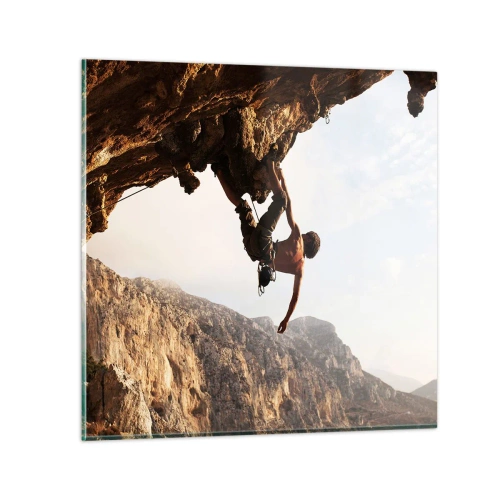 Impression sur verre - Image sur verre - Le monde rétréci dans une main sur une coupe de rocher - 30x30 cm