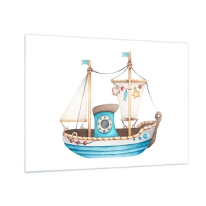 Impression sur verre - Image sur verre - Illustration d'un bateau pour enfants sur fond blanc - 70x50cm - Ohé, l'aventure ! - Décoration murale moderne pour le salon et la chambre ARTTOR