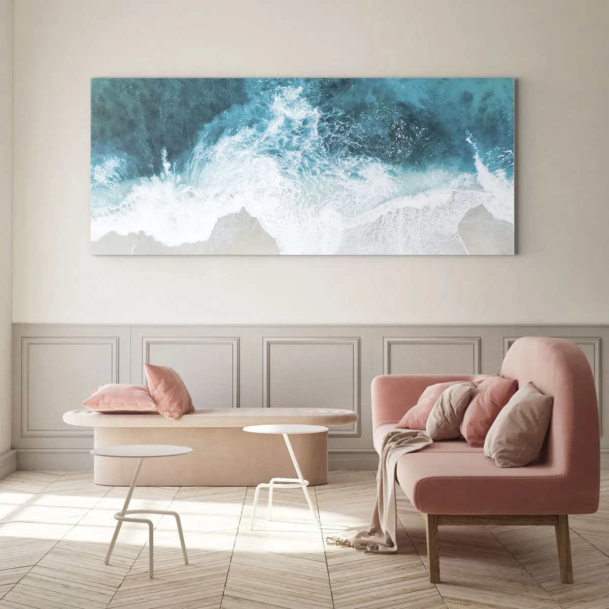 Impression sur verre - Image sur verre - Vagues turquoise de l'océan sur du sable clair - 120x50cm - Caresse naturelle - Décoration murale moderne pour le salon et la chambre ARTTOR
