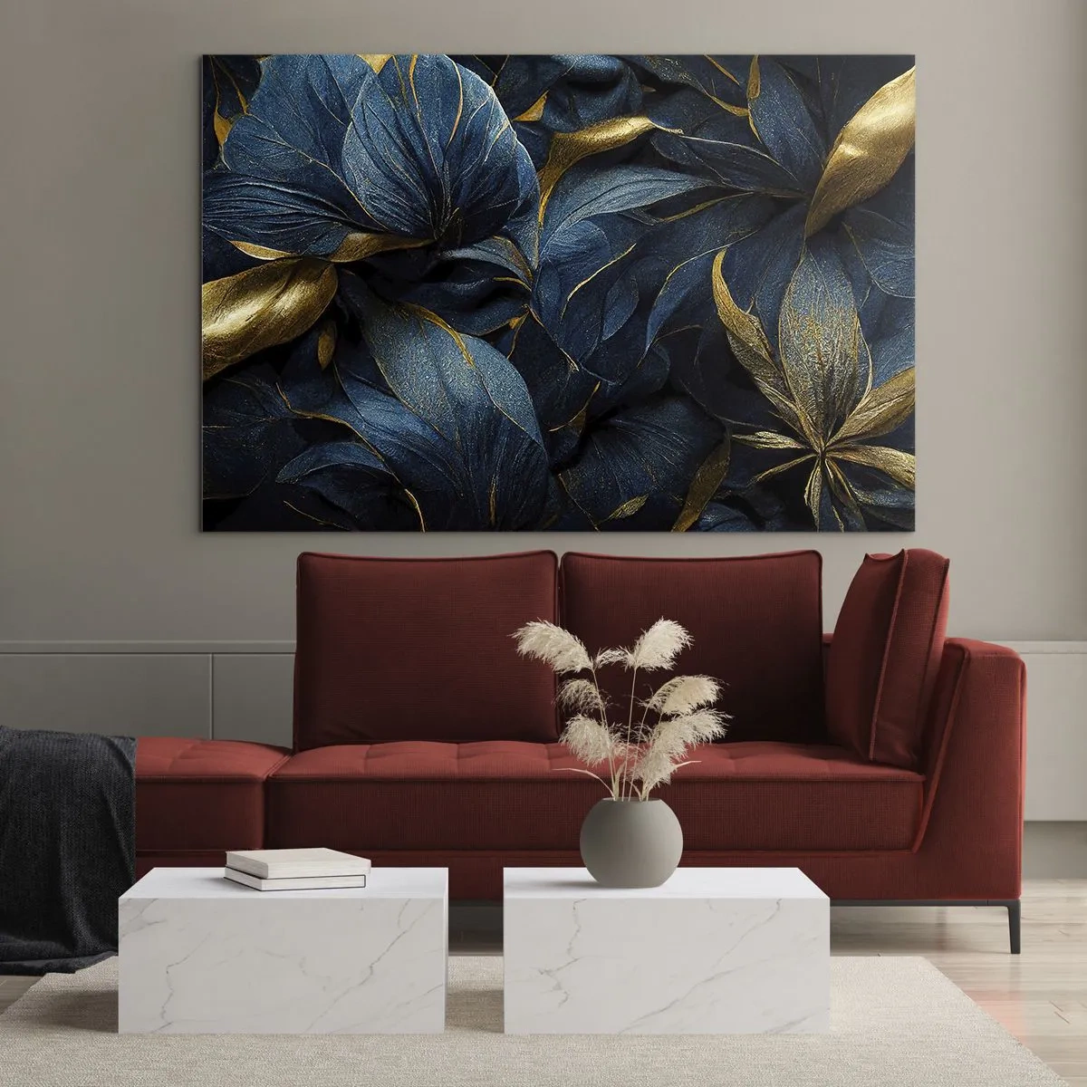 Impression sur verre - Image sur verre - Feuilles bleu foncé avec de subtils accents dorés - 70x50cm - Des dessous dorés - Décoration murale moderne pour le salon et la chambre ARTTOR