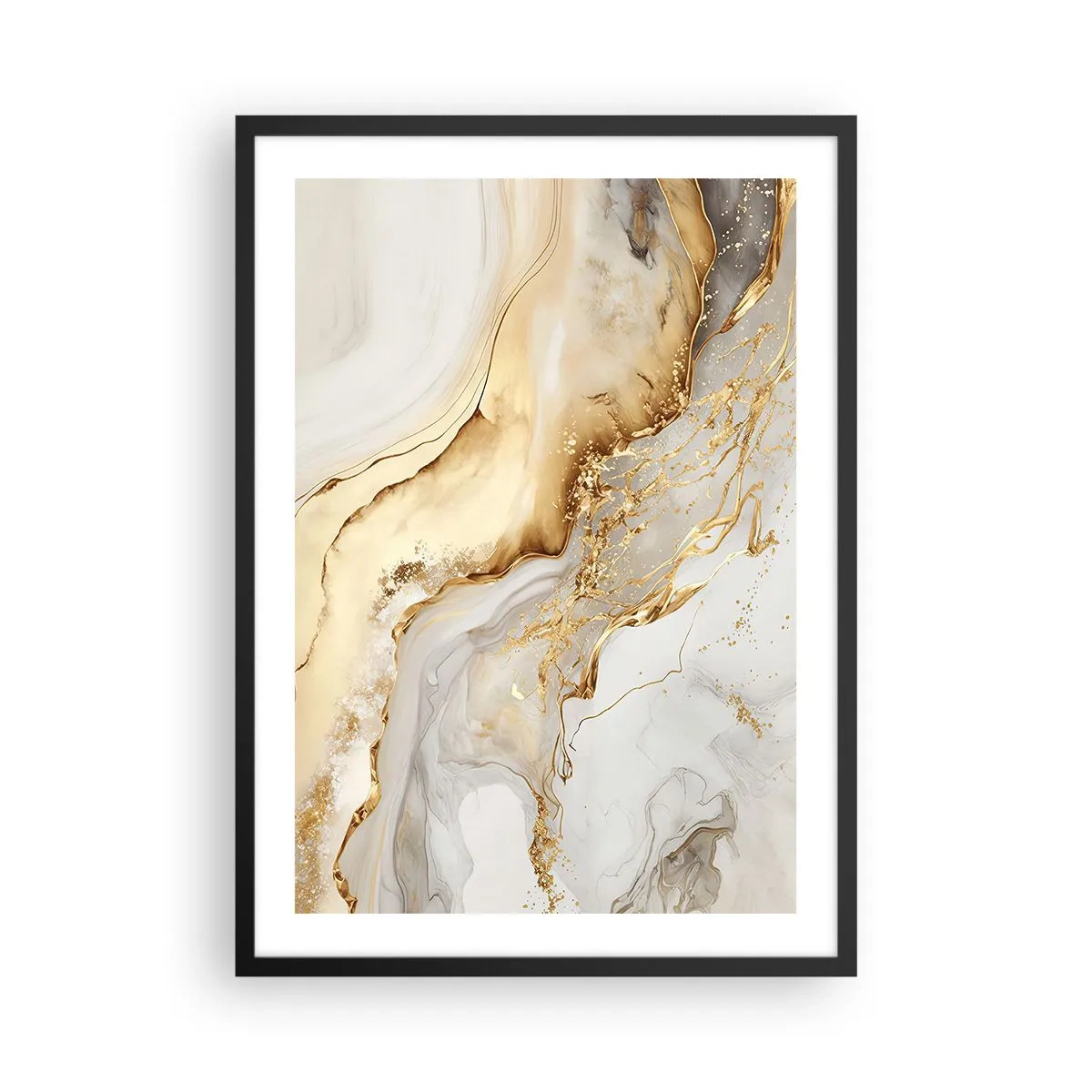 Affiche dans un cadre noir - Poster - Composition abstraite en marbre doré et blanc - 50x70cm - Abstraction : beauté et bonté - Décoration murale moderne pour le salon et la chambre ARTTOR