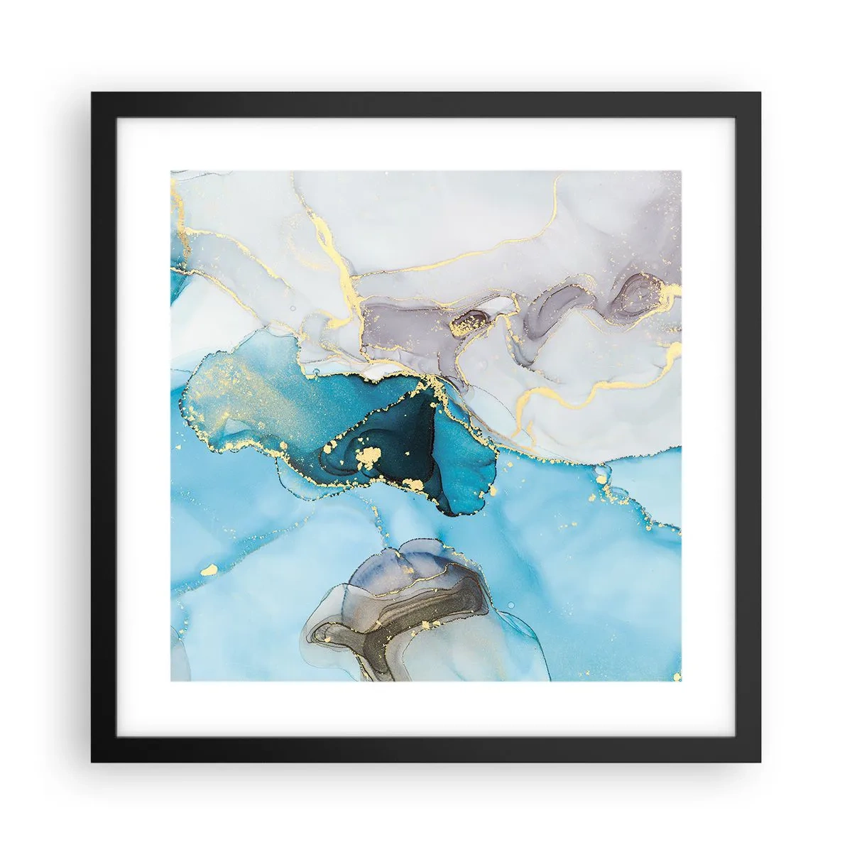 Affiche dans un cadre noir - Poster - Etude de la rencontre gris et turquoise - 40x40 cm