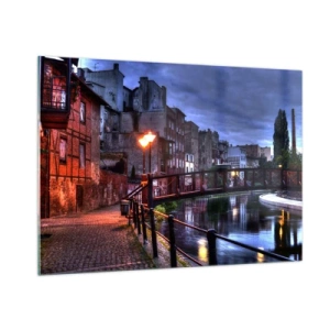 Impression sur verre - Image sur verre - Une charmante rue le long du canal avec un pont et un éclairage du soir - 100x70cm - Tu n'as pas connu ce Bydgoszcz - Décoration murale moderne pour le salon et la chambre ARTTOR