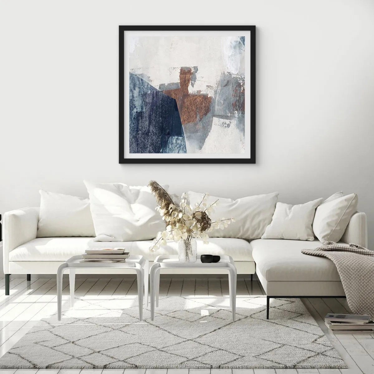 Affiche dans un cadre noir - Poster - Formes bleues et brunes - 30x30 cm