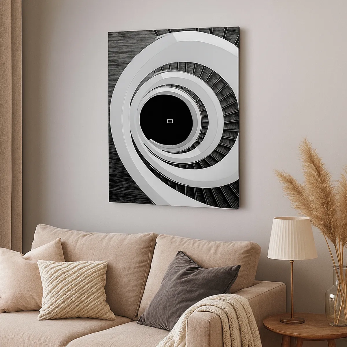 Impression sur toile - Image sur toile - Escalier en colimaçon noir et blanc de style moderne - 50x70cm - Les choses concrêtes - Décoration murale moderne pour le salon et la chambre ARTTOR