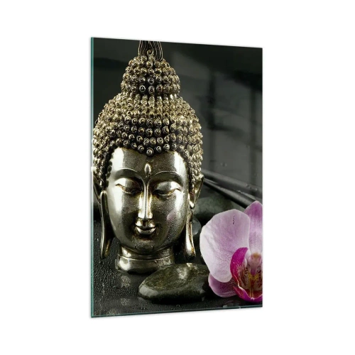 Impression sur verre - Image sur verre - Une statuette de Bouddha avec une orchidée et des baguettes sur un fond de pierres - 80x120cm - Harmonie de la sagesse et de la beauté - Décoration murale moderne pour le salon et la chambre ARTTOR