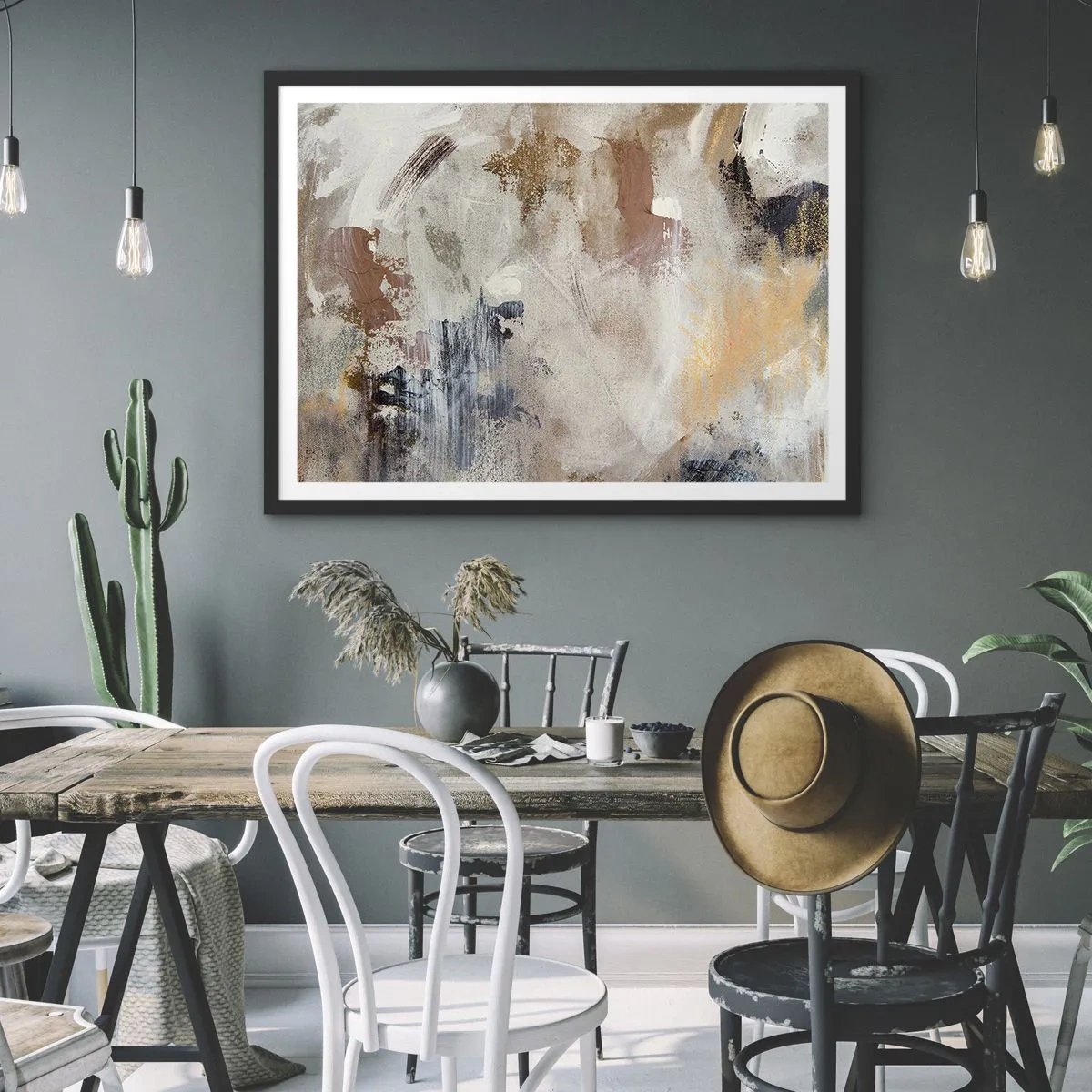 Affiche dans un cadre noir - Poster - Taches abstraites dans des tons neutres de beige et d'or - 70x50cm - Abstraction brumeuse - Décoration murale moderne pour le salon et la chambre ARTTOR