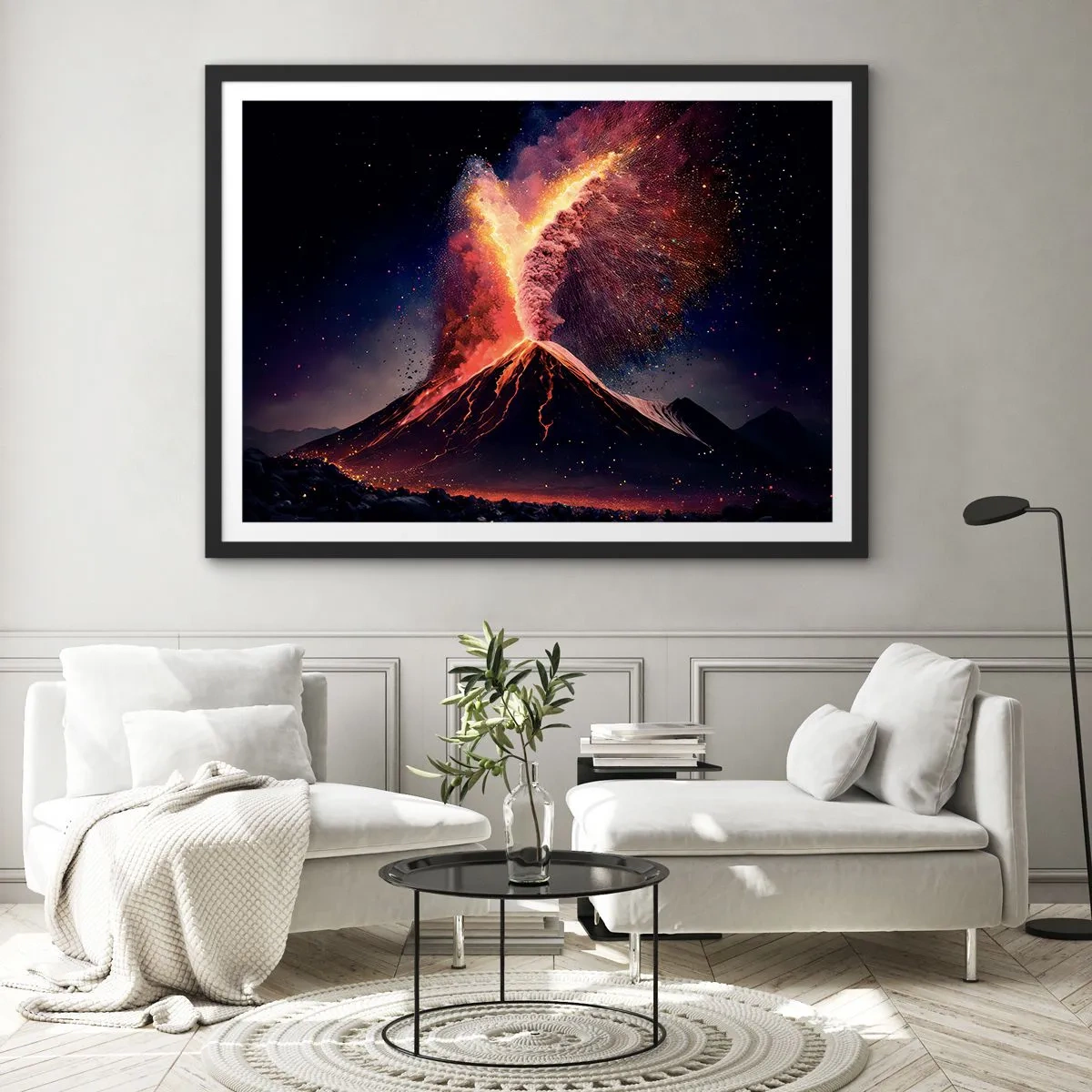 Affiche dans un cadre noir - Poster - Une éruption volcanique unique la nuit avec des couleurs dynamiques. - 70x50cm - Beauté et horreur - Décoration murale moderne pour le salon et la chambre ARTTOR
