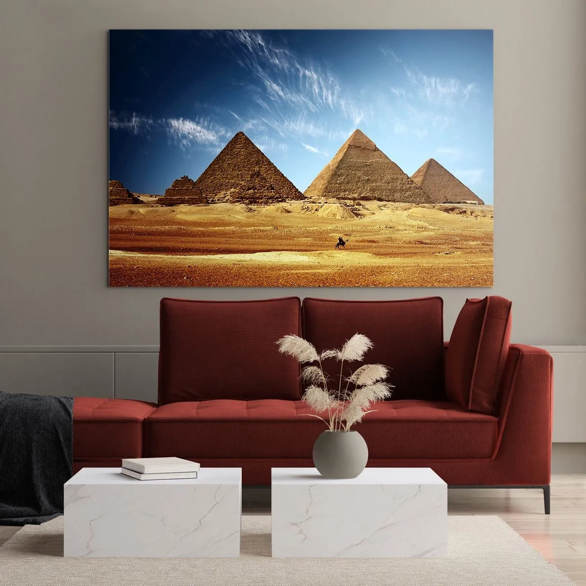 Impression sur verre - Image sur verre - Les pyramides de Gizeh contre le ciel bleu - 70x50cm - 40 siècles vous regardent - Décoration murale moderne pour le salon et la chambre ARTTOR