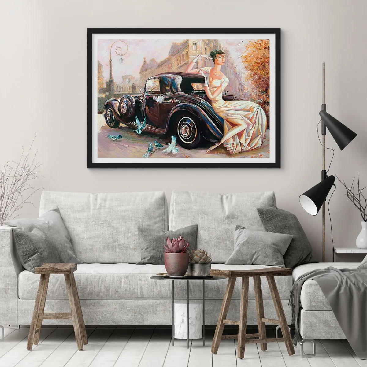 Affiche dans un cadre noir - Poster - Femme rétro à côté d'une voiture classique - 70x50cm - L'élégance dans un style rétro - Décoration murale moderne pour le salon et la chambre ARTTOR