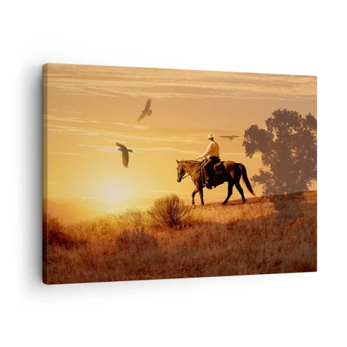 Impression sur toile - Image sur toile - Un cavalier sur un cheval au coucher du soleil contre la prairie - 70x50cm - Seul à travers la prairie - Décoration murale moderne pour le salon et la chambre ARTTOR