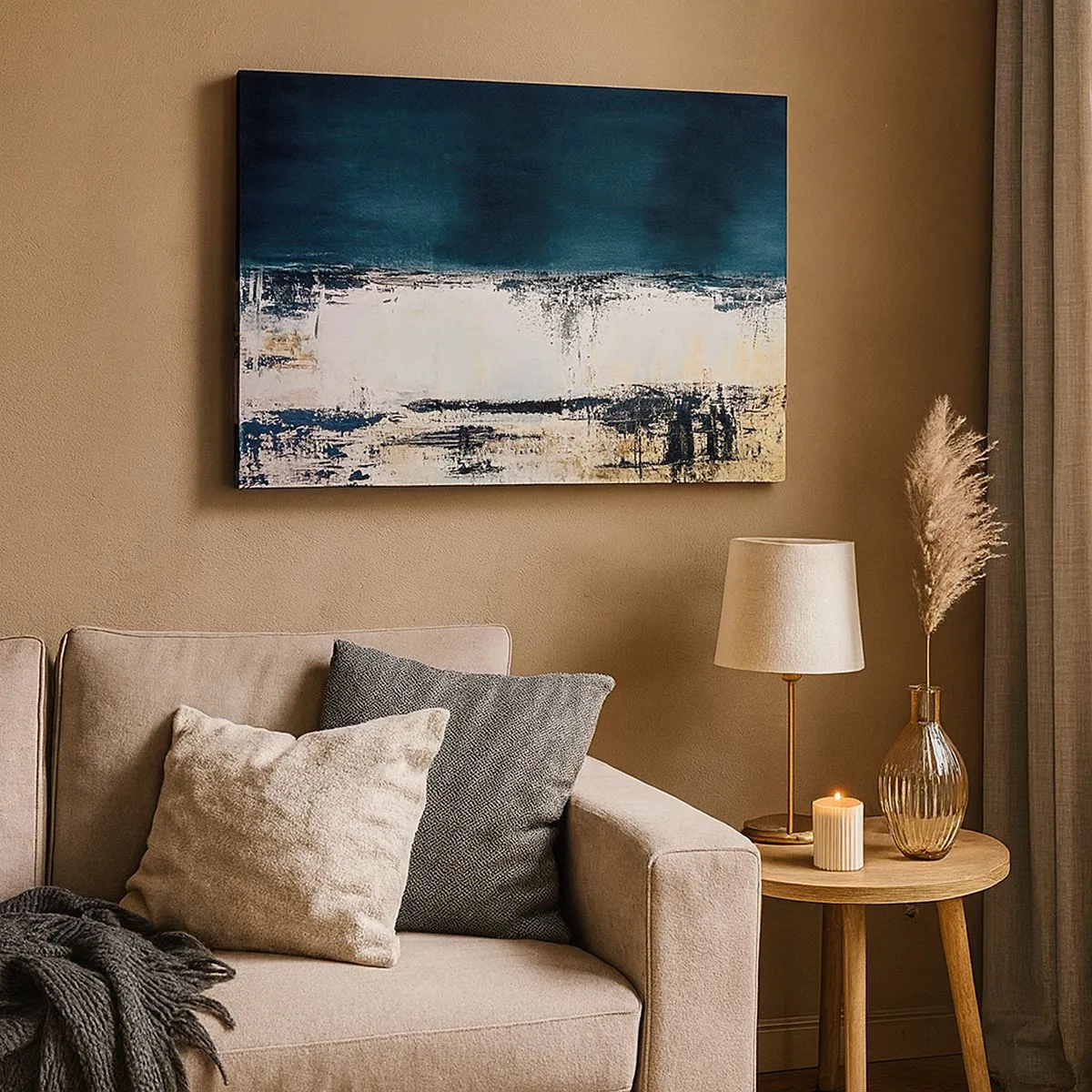 Impression sur toile - Image sur toile - Composition horizontale abstraite dans les tons bleu marine et blanc - 70x50cm - Composition horizontale - Décoration murale moderne pour le salon et la chambre ARTTOR