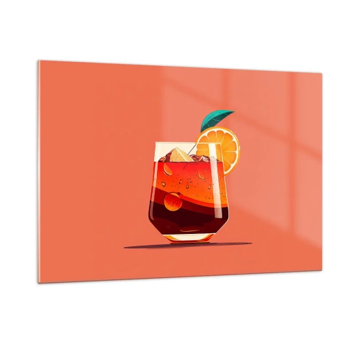 Impression sur verre - Image sur verre - Une boisson colorée à l'orange sur un fond pêche chaud - 120x80cm - Rafraîchissement d'été - Décoration murale moderne pour le salon et la chambre ARTTOR