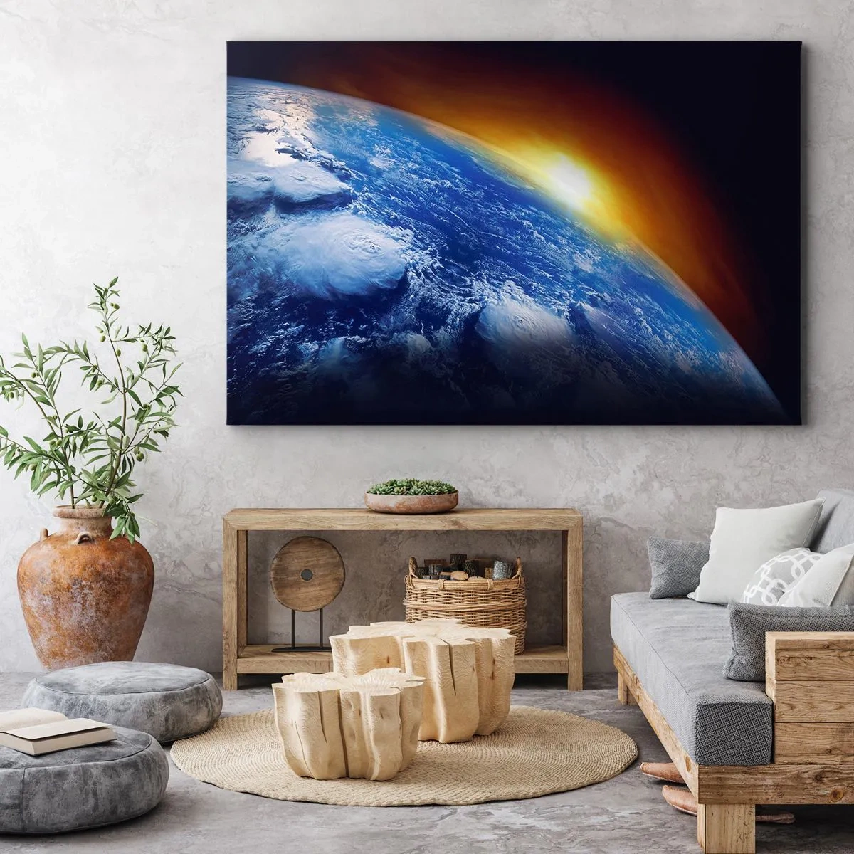 Impression sur toile - Image sur toile - Vue de la Terre depuis l'espace au coucher du soleil - 70x50cm - Lever de soleil sur la planète bleue - Décoration murale moderne pour le salon et la chambre ARTTOR