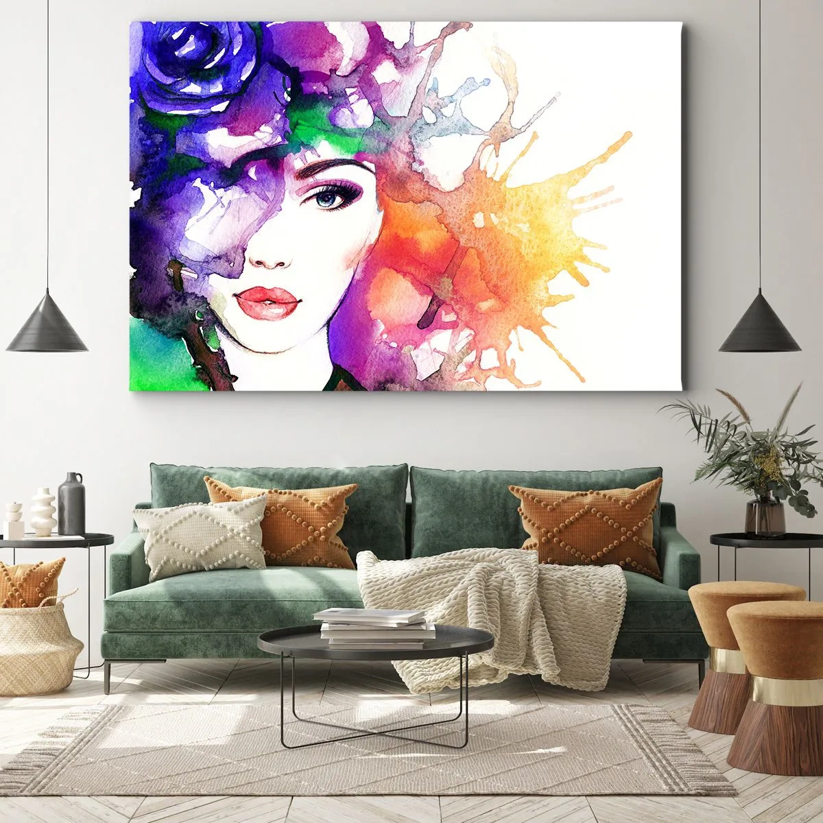 Impression sur toile - Image sur toile - Portrait d'une femme aux couleurs aquarelles avec des taches abstraites - 70x50cm - Avec la tête dans les nuages - Décoration murale moderne pour le salon et la chambre ARTTOR