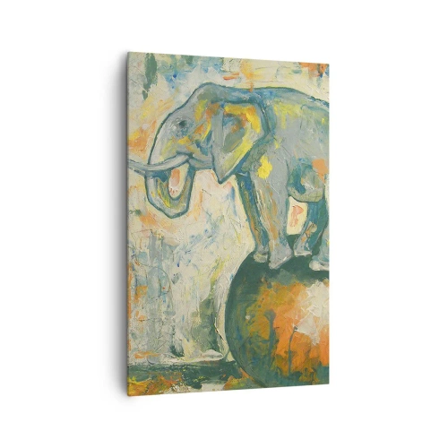 Impression sur toile - Image sur toile - Un éléphant en équilibre sur une balle dans un style artistique - 80x120cm - Que vive le cirque ! - Décoration murale moderne pour le salon et la chambre ARTTOR