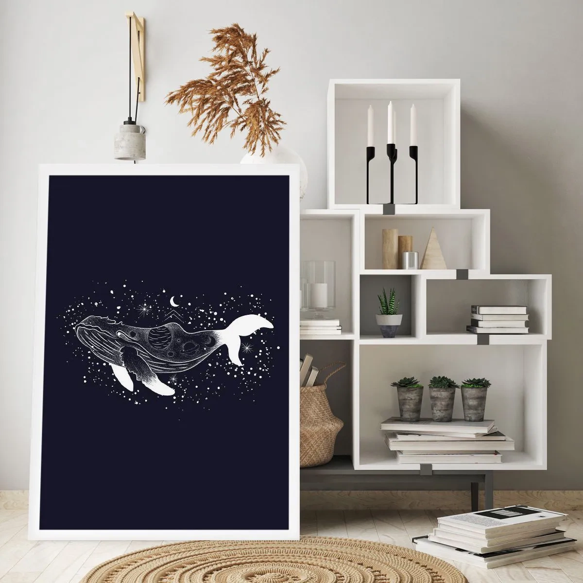 Affiche - Poster - Une baleine spatiale dans un style graphique sur fond noir - 50x70cm - Dans l'océan de l'univers - Décoration murale moderne pour le salon et la chambre ARTTOR