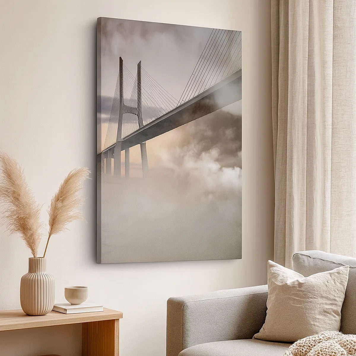 Impression sur toile - Image sur toile - Un pont sur une rivière entouré de brouillard le matin - 50x70cm - Sur la rivière qui n'existe pas - Décoration murale moderne pour le salon et la chambre ARTTOR