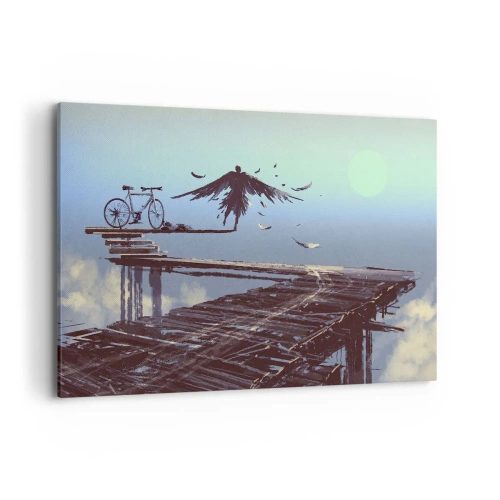 Impression sur toile - Image sur toile - Une silhouette avec des plumes plane au-dessus d'un pont en bois à côté d'un vélo. - 120x80cm - Icare est toujours vivant - Décoration murale moderne pour le salon et la chambre ARTTOR