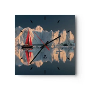 Horloge murale - Pendule murale - Un voilier avec une voile rouge sur fond de glacier - 30x30cm - Aux limites du monde - Décoration murale moderne pour le salon et la chambre ARTTOR