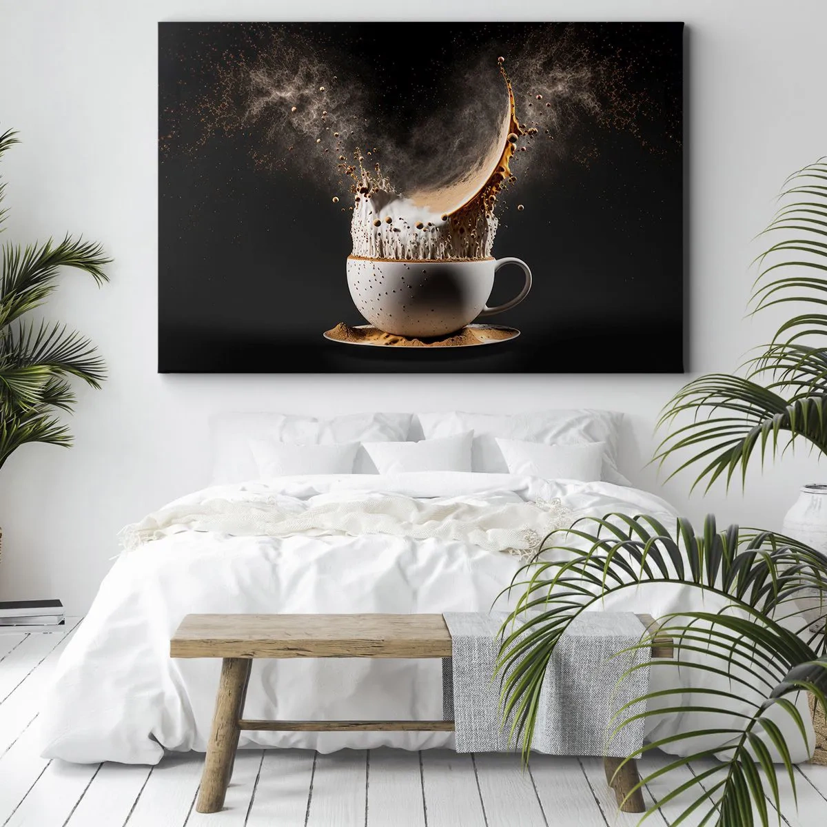 Impression sur toile - Image sur toile - Une tasse de café avec une explosion dynamique de liquide sur fond noir. - 100x70cm - Une explosion de saveur - Décoration murale moderne pour le salon et la chambre ARTTOR