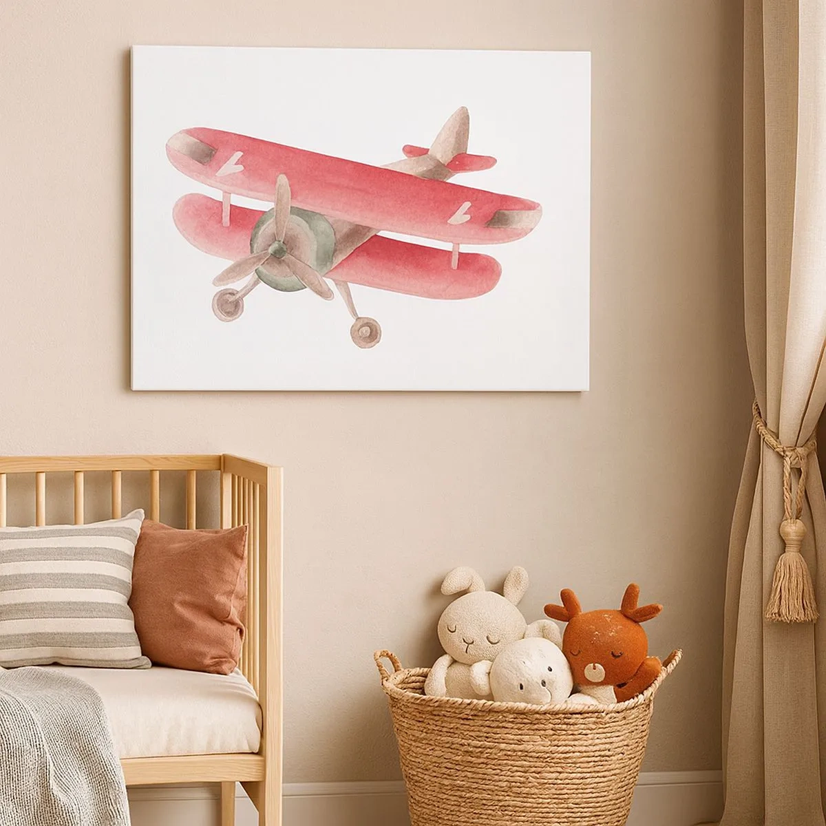 Impression sur toile - Image sur toile - Avion rétro rouge sur fond blanc - 70x50cm - Prêt pour les hauts vols - Décoration murale moderne pour le salon et la chambre ARTTOR