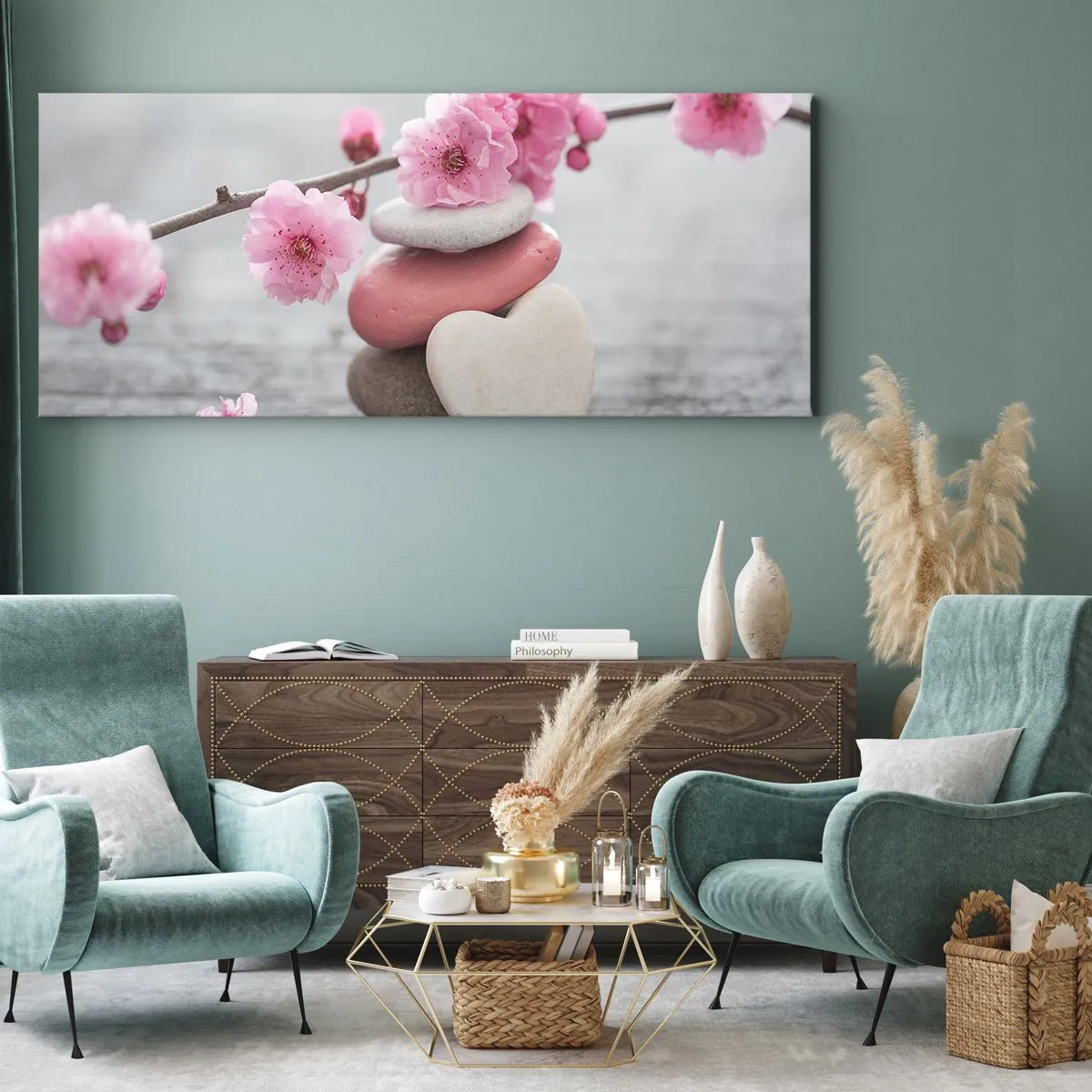 Impression sur toile - Image sur toile - Fleurs de cerisier délicates avec des pierres en forme de cœur - 120x50cm - Le bonheur avec une fleur de cerisier - Décoration murale moderne pour le salon et la chambre ARTTOR