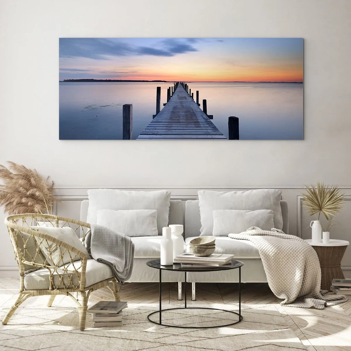 Impression sur verre - Image sur verre - Jetée en bois sur le lac au coucher du soleil - 140x50cm - Le calme d'un crépuscule serein - Décoration murale moderne pour le salon et la chambre ARTTOR