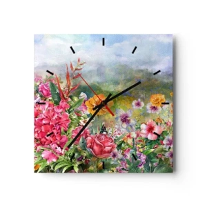 Horloge murale - Pendule murale - Une composition colorée de fleurs sur un fond de paysage aux couleurs pastel - 30x30cm - Un jardin devenu fou - Décoration murale moderne pour le salon et la chambre ARTTOR