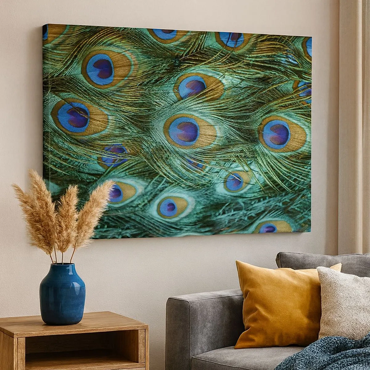 Impression sur toile - Image sur toile - Détails des plumes de paon aux couleurs riches - 70x50cm - Un regard de paon - Décoration murale moderne pour le salon et la chambre ARTTOR