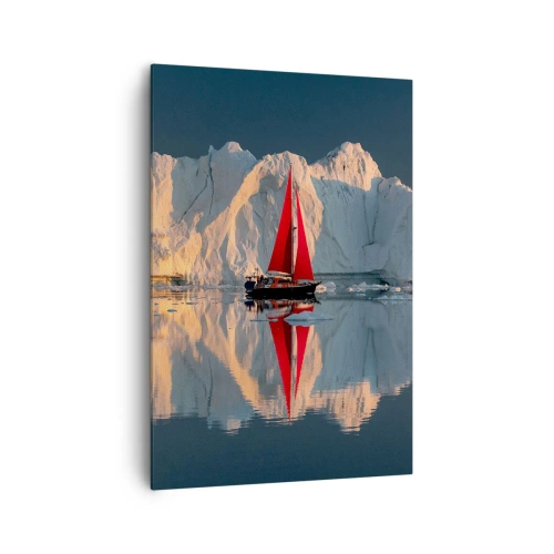 Impression sur toile - Image sur toile - Un voilier avec une voile rouge sur fond de glacier - 70x100cm - Aux limites du monde - Décoration murale moderne pour le salon et la chambre ARTTOR