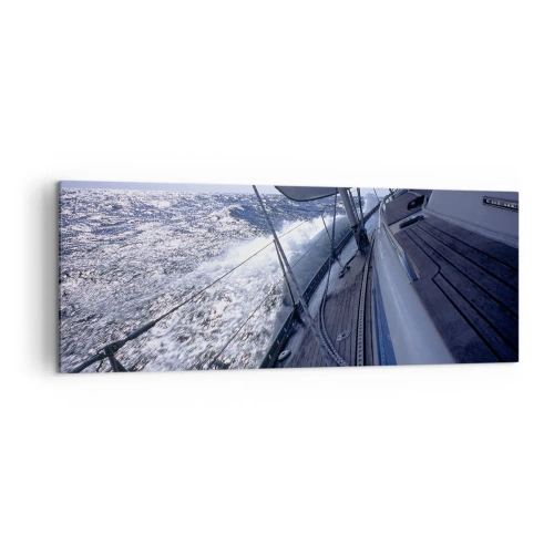 Impression sur toile - Image sur toile - Un voilier dans une mer agitée avec des voiles blanches et un pont en bois. - 140x50cm - Je sais ce que c'est d'être un oiseau - Décoration murale moderne pour le salon et la chambre ARTTOR