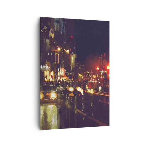 Impression sur toile - Image sur toile - Scène de ville nocturne avec des lumières colorées et des reflets dans la rue - 70x100cm - Immergé dans les lumières de la nuit - Décoration murale moderne pour le salon et la chambre ARTTOR
