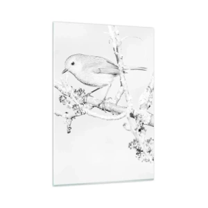 Impression sur verre - Image sur verre - Oiseau sur une branche en noir et blanc avec un style minimaliste - 80x120cm - Matin d'hiver - Décoration murale moderne pour le salon et la chambre ARTTOR
