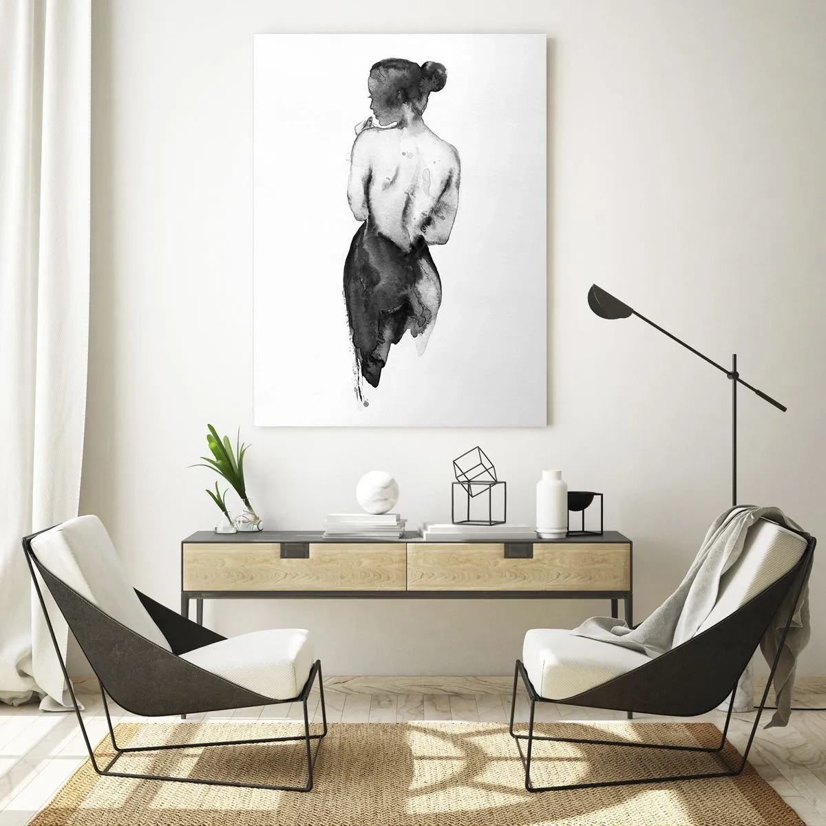 Impression sur verre - Image sur verre - Silhouette noire et blanche d'une femme dans un style aquarelle - 50x70cm - Auprès d'elle, le monde disparaît - Décoration murale moderne pour le salon et la chambre ARTTOR