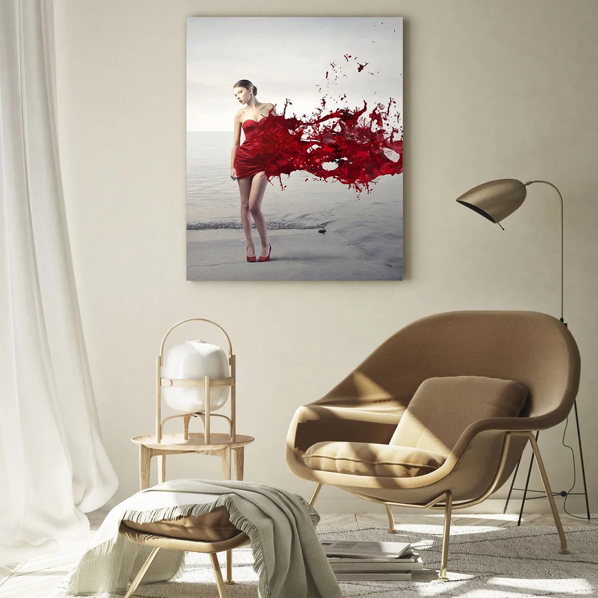 Impression sur verre - Image sur verre - La figure d'une femme en robe rouge sur fond de mer - 50x70cm - Passionné comme l'écarlate - Décoration murale moderne pour le salon et la chambre ARTTOR