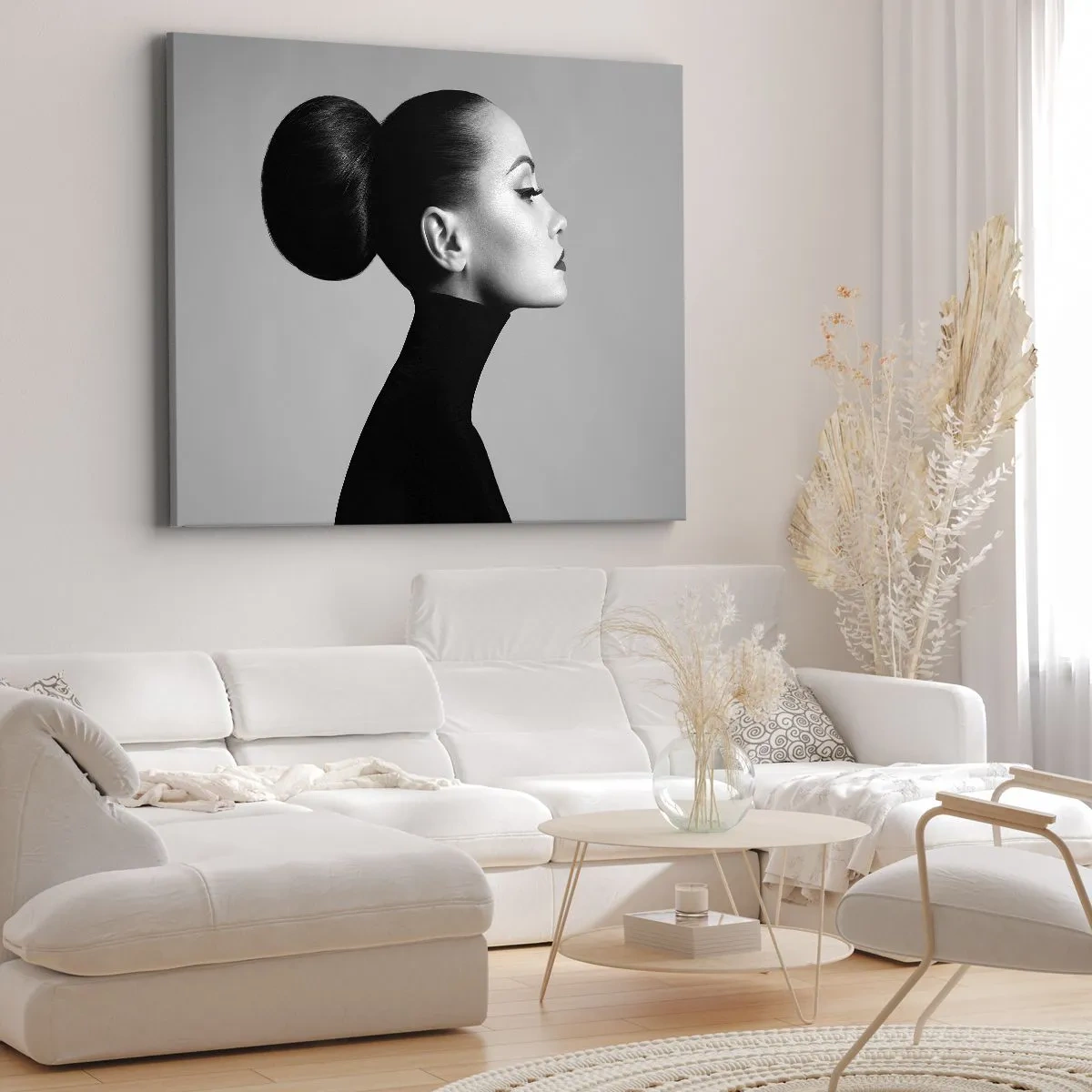 Impression sur toile - Image sur toile - Profil d'une femme en noir et blanc avec un chignon élégant - 70x50cm - Néfertiti moderne - Décoration murale moderne pour le salon et la chambre ARTTOR
