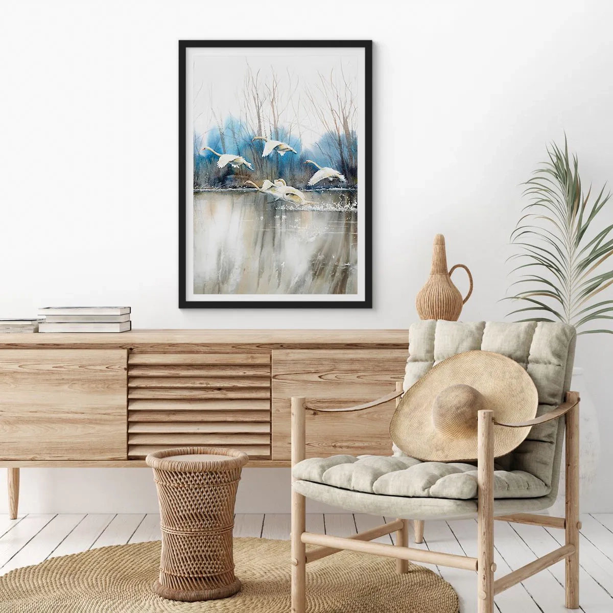 Affiche dans un cadre noir - Poster - Un troupeau de cygnes flottant sur l'eau dans un style pictural - 50x70cm - Comme dans un conte de fées sur les cygnes sauvages - Décoration murale moderne pour le salon et la chambre ARTTOR
