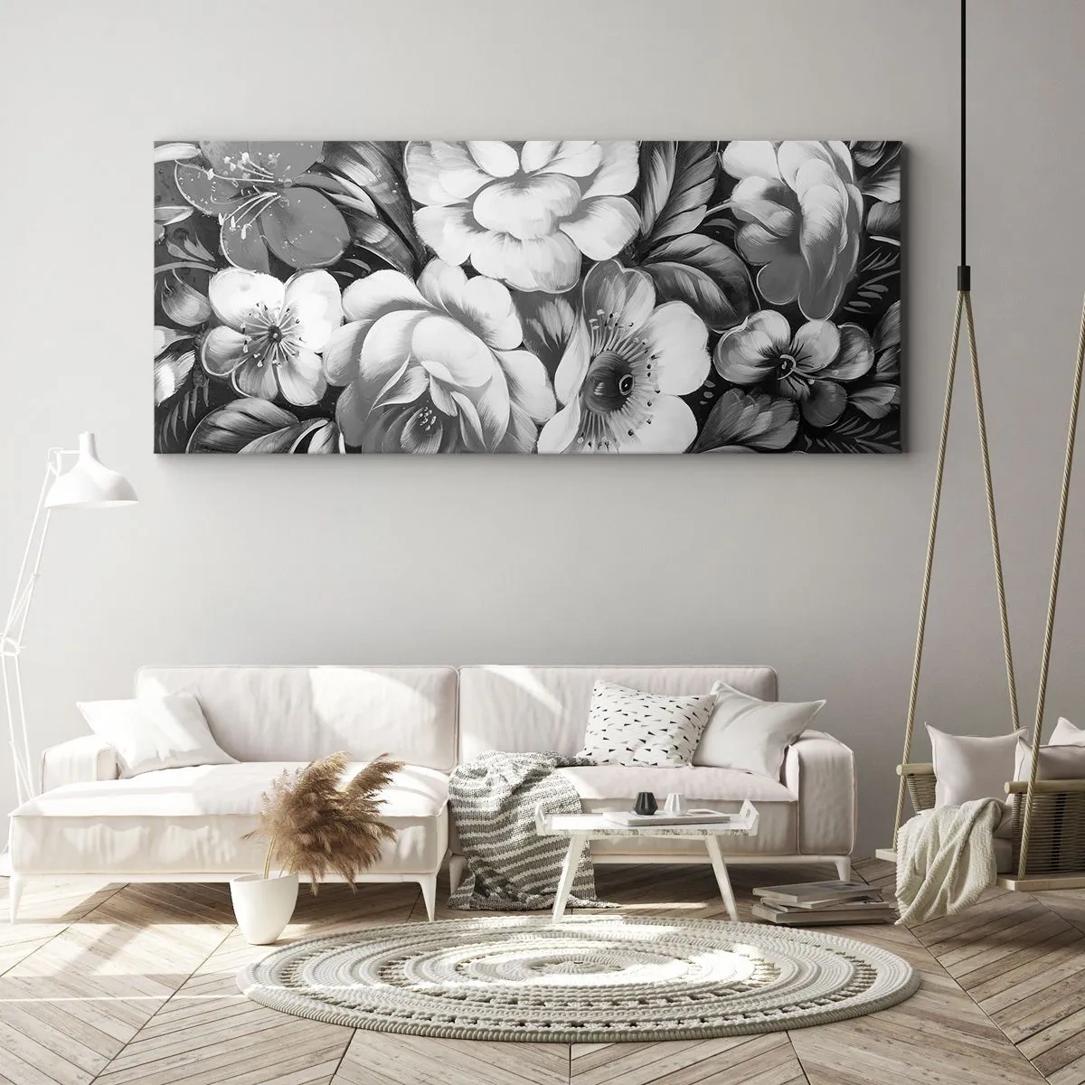 Impression sur toile - Image sur toile - Fleurs noires et blanches dans une composition classique et élégante - 120x50cm - Belle même en gris - Décoration murale moderne pour le salon et la chambre ARTTOR