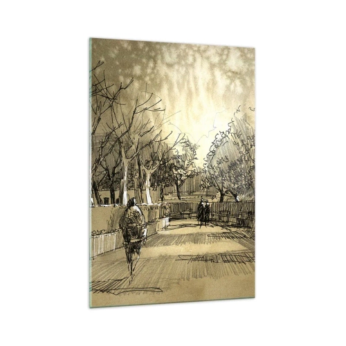 Impression sur verre - Image sur verre - Une scène de dessin animé d'un parc avec des gens marchant dans des tons chauds. - 70x100cm - Un moment arrêté avec une plume - Décoration murale moderne pour le salon et la chambre ARTTOR