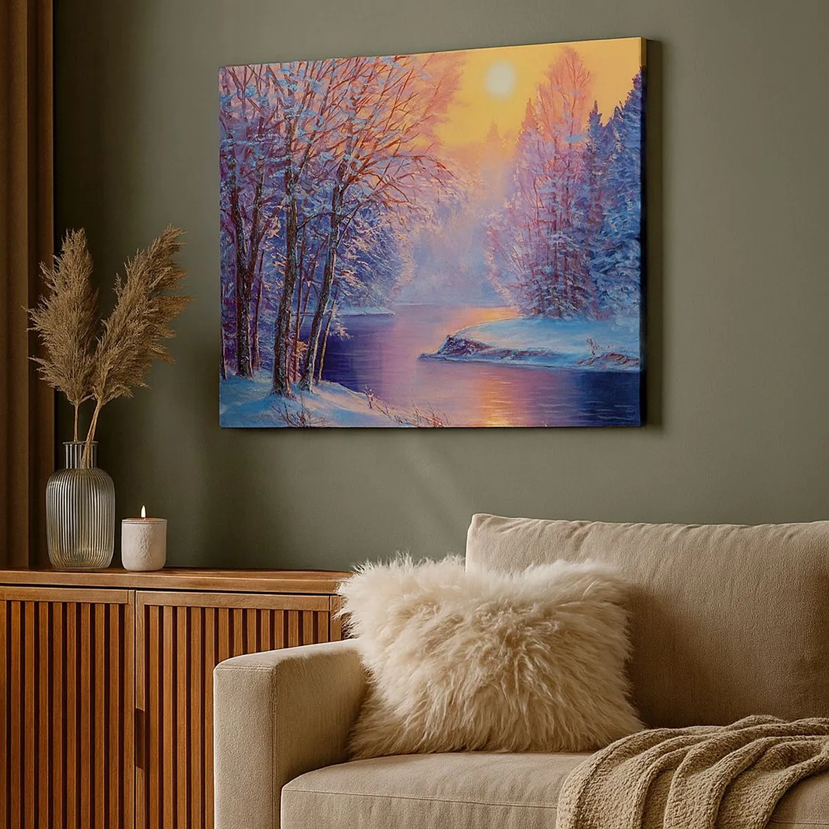 Impression sur toile - Image sur toile - Paysage d'hiver avec rivière et arbres au lever du soleil - 70x50cm - Couleurs d'hiver - Décoration murale moderne pour le salon et la chambre ARTTOR