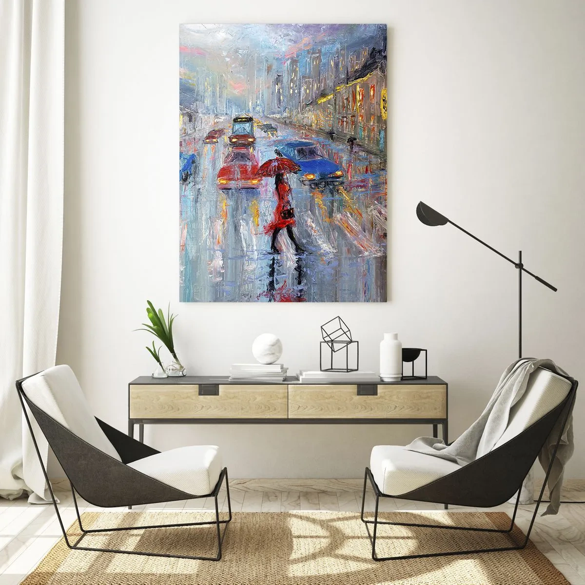 Impression sur verre - Image sur verre - Une femme avec un parapluie dans une rue pluvieuse à la lumière du néon. - 70x100cm - Après-midi pluvieux en ville - Décoration murale moderne pour le salon et la chambre ARTTOR