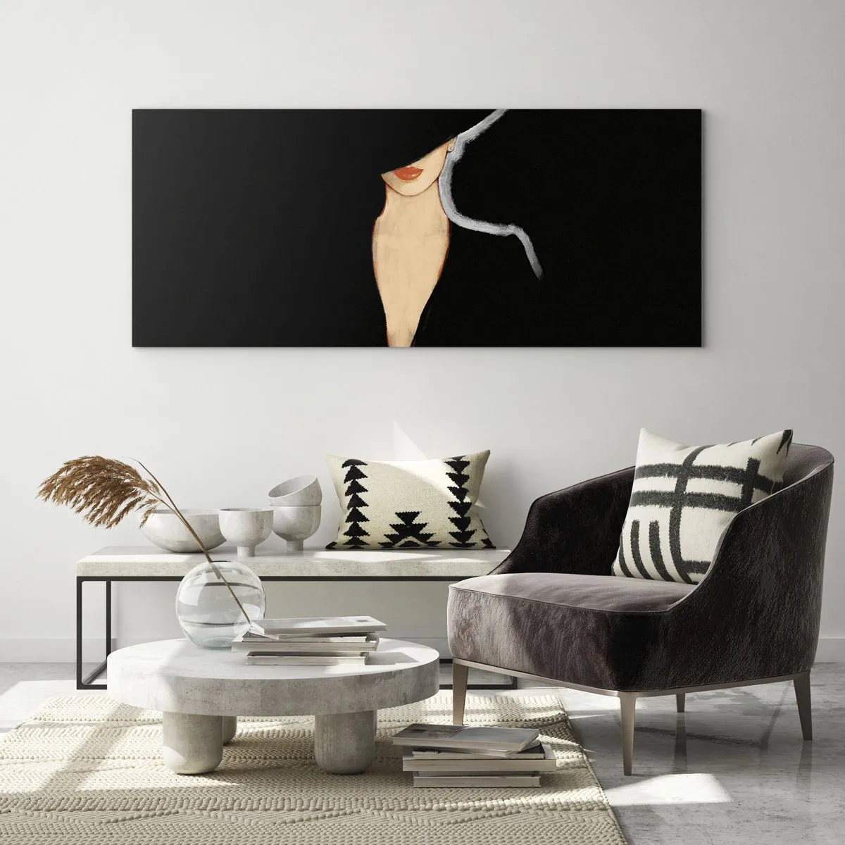 Impression sur verre - Image sur verre - Silhouette d'une femme au chapeau sur fond noir - 120x50cm - Élégance et style - Décoration murale moderne pour le salon et la chambre ARTTOR