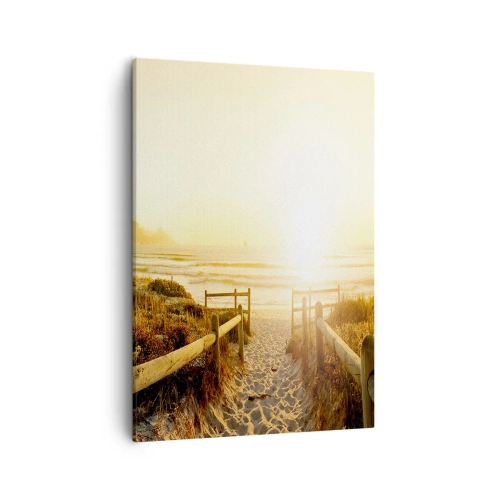 Impression sur toile - Image sur toile - Chemin vers la plage pendant un coucher de soleil doré - 50x70cm - A travers la dune, vers le soleil - Décoration murale moderne pour le salon et la chambre ARTTOR