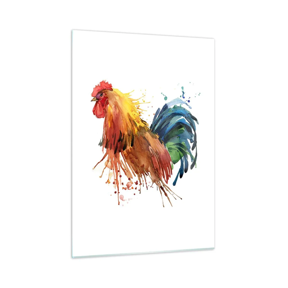Impression sur verre - Image sur verre - Coq à l'aquarelle aux couleurs vives sur fond blanc - 50x70cm - Robe royale, fierté royale - Décoration murale moderne pour le salon et la chambre ARTTOR