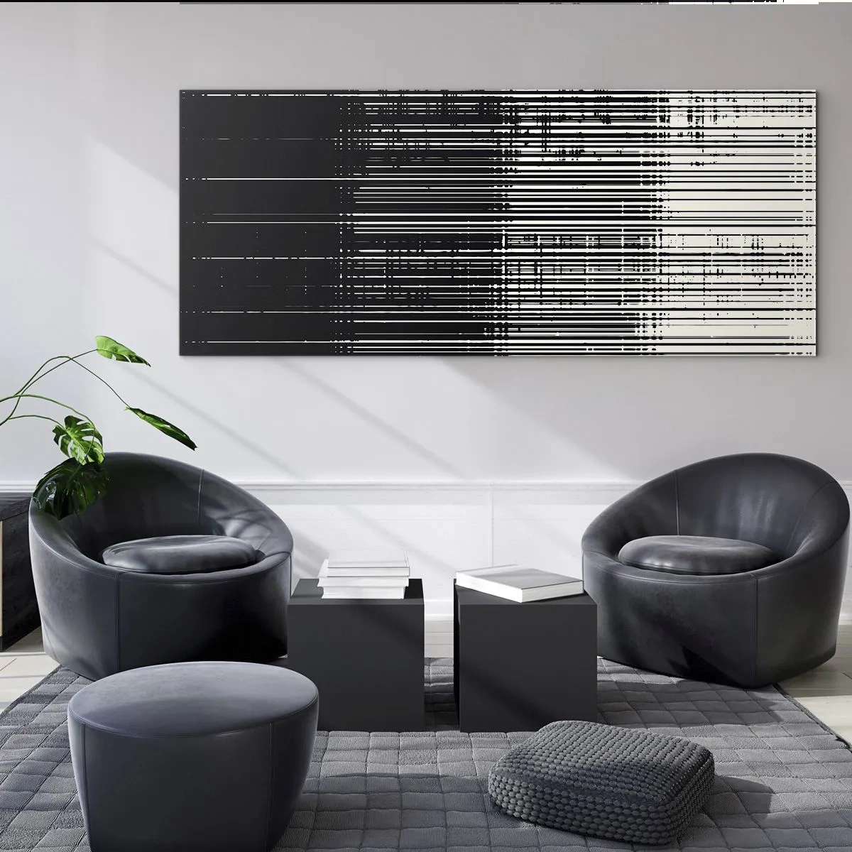 Impression sur verre - Image sur verre - Composition abstraite de lignes en noir et blanc contrastés - 160x50cm - Ondes et vibrations - Décoration murale moderne pour le salon et la chambre ARTTOR