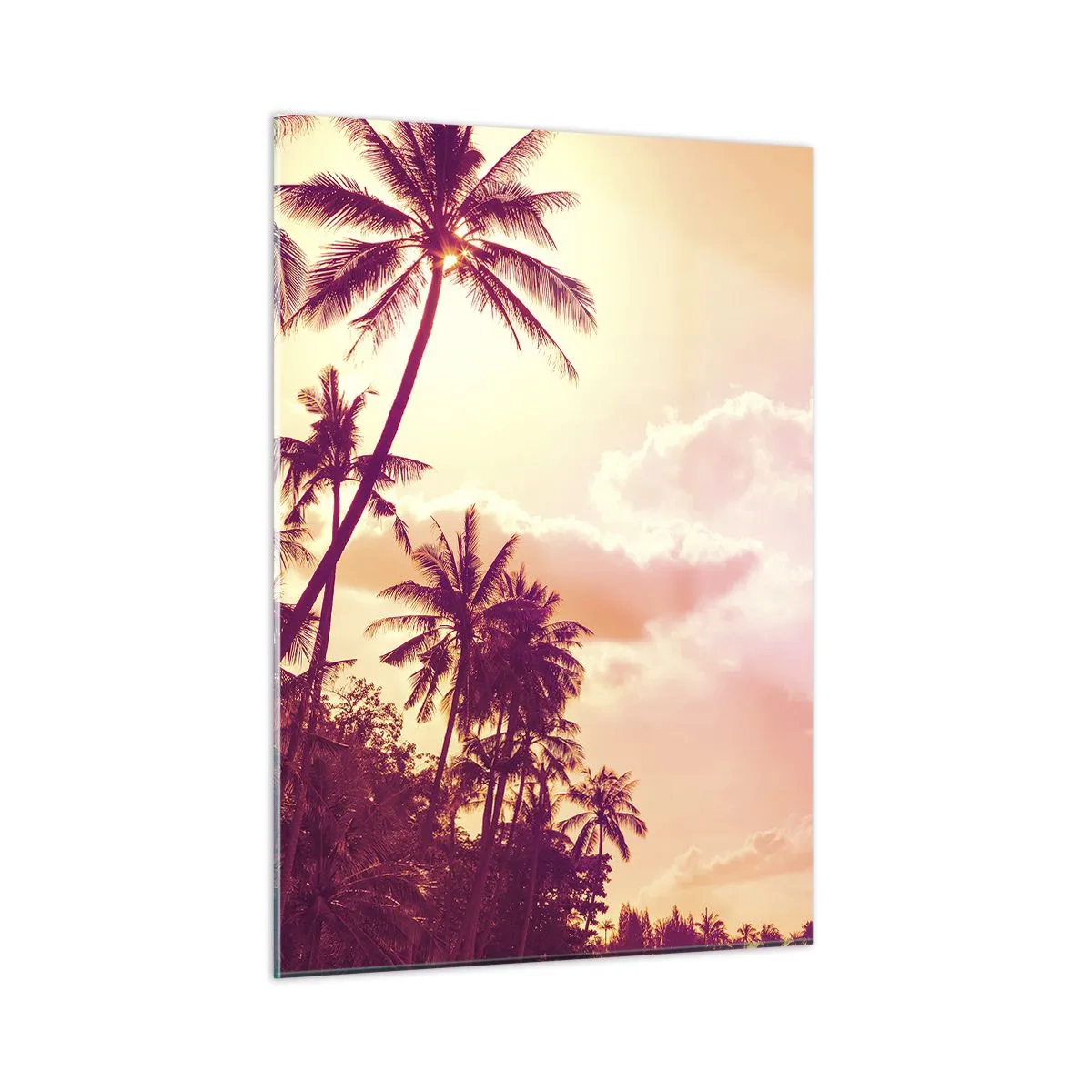 Impression sur verre - Image sur verre - Palmiers tropicaux à la lumière du soleil couchant sur un ciel rose - 50x70cm - Tu dois choisir - Décoration murale moderne pour le salon et la chambre ARTTOR