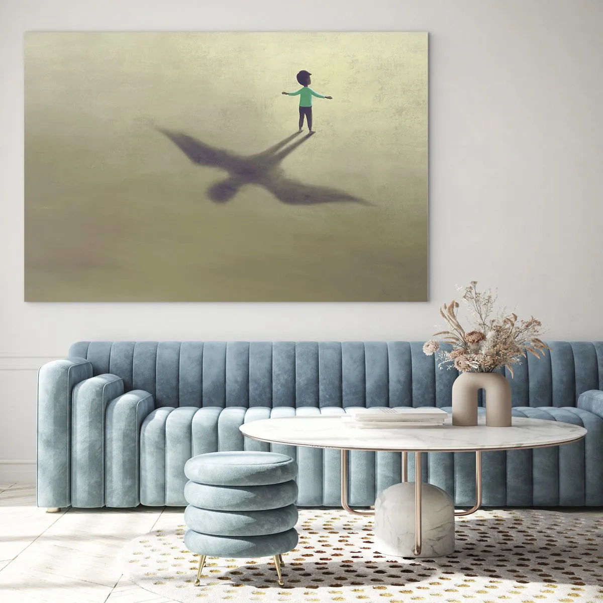 Impression sur verre - Image sur verre - Un garçon avec une ombre en forme d'oiseau sur un fond beige - 70x50cm - Héros du futur - Décoration murale moderne pour le salon et la chambre ARTTOR